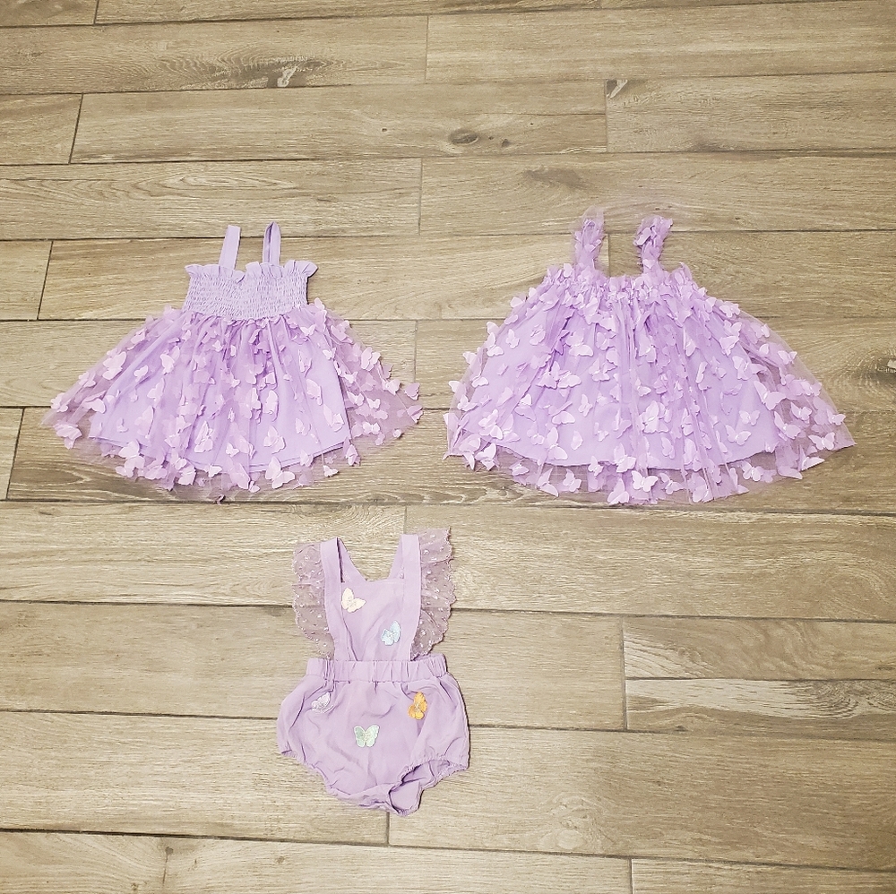 6-12M SHEIN baby girl's polyester purple butterfly tulle dress and romper bundle